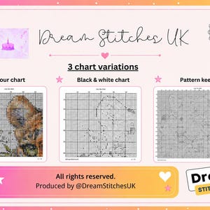 May include: A digital cross stitch pattern set from Dream Stitches UK featuring three chart variations: a color chart, a black and white chart, and a pattern keeper file. The layout includes a birthday cake icon, a tested badge, and text.