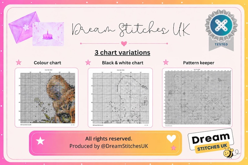 May include: A digital cross stitch pattern set from Dream Stitches UK featuring three chart variations: a color chart, a black and white chart, and a pattern keeper file. The layout includes a birthday cake icon, a tested badge, and text.