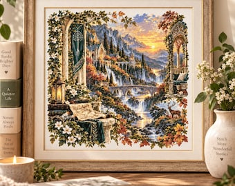 May include: A framed cross-stitch embroidery depicting a fantasy landscape with stone arches, waterfalls, and a sunset. The scene includes a deer, lush foliage, and architectural details in shades of green, gold, and orange, set within a wooden frame.