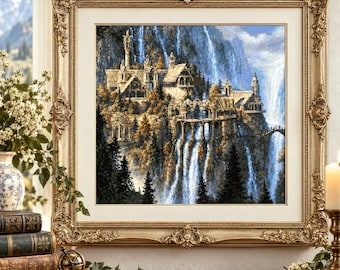 May include: A framed cross-stitch embroidery depicting a fantasy castle complex nestled on a cliffside with cascading waterfalls, dark evergreen trees, and golden-toned foliage, encased in an ornate, antique-style gold-colored rectangular frame.