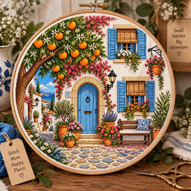 May include: A circular embroidery hoop featuring a cross-stitch scene of a Mediterranean house with a blue door, orange trees, and stone path. A wooden tag attached to the hoop reads: Stitch More Happy Places. The design includes windows with blue shutters.