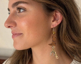 Western Cowboy Boot Earrings | Horseshoe Guitar Charm Dangle | Rustic Boho Style