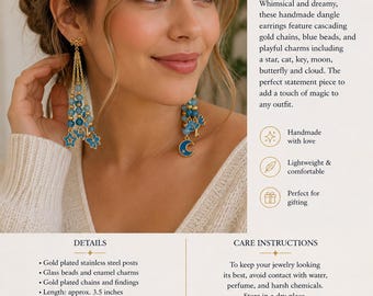Stardust Charm Dangle Earrings, Blue Glass Beads, Celestial Enamel Charms, Boho Style