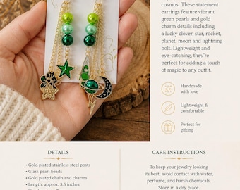 Green Cosmic Charm Dangle Earrings, Gold Chain Lucky Clover Star Moon Planet