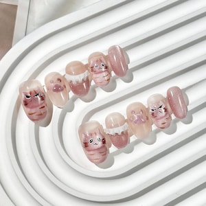 Pink Kitty Nail Art with Paw Prints, Kawaii Animal Nail Set, Funny Cat Expression Press-On Nails, Adorable Cat Nail Set