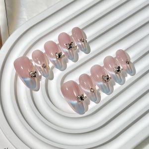 Pink Gradient Press-On Nails: Crystal Bow Embellishments, Glam Look