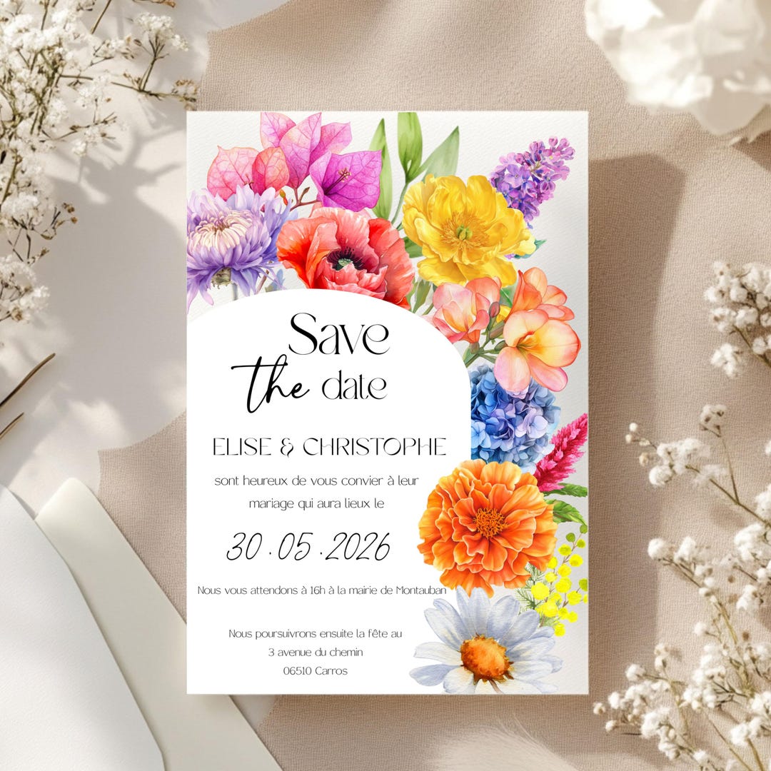 Save the Date Mariage Floral Coloré, Faire-part Mariage Été , Modèle ...