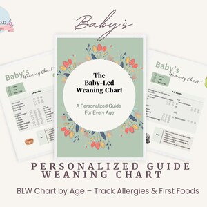 Puede incluir: Un gráfico de destete Baby-Led personalizado con un diseño floral. El gráfico incluye el texto "The Baby-Led Weaning Chart" y "A Personalized Guide For Every Age". Se ven gráficos adicionales con el texto "Baby's Weaning Chart".