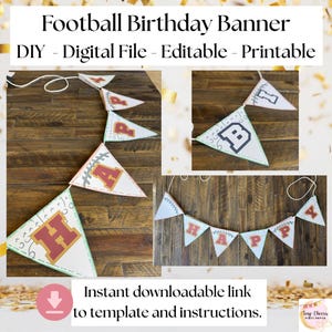 Può includere: Un banner di compleanno a tema calcistico con bandierine che compongono "HAPPY" e singole lettere. Il banner è un file digitale fai-da-te, modificabile e stampabile. Il banner include il testo "Football Birthday Banner" e "Instant downloadable link to template and instructions."
