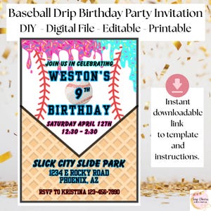 Baseball Drip Birthday Invitation, DIY, Editable Digital File, Baseball Party Invite,  Ice Cream Sprinkles, Digital Party Invite, Printable