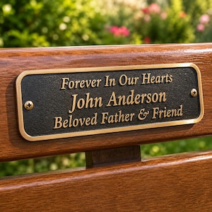 May include: A rectangular black metal memorial plaque with a gold-coloured border and raised gold lettering. The text reads: Forever In Our Hearts, John Anderson, Beloved Father & Friend. The plaque is secured with two screws to a wooden surface.