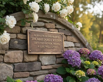 May include: A rectangular bronze memorial plaque mounted on a stacked stone wall. The plaque features the text: ALSO LIVE IN OUR HEARTS, THOMAS JAMES WILSON, DEVOTED FATHER, FRIEND, A LIFE WELL LIVED. The wall is surrounded by white roses and purple hydrangeas.