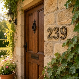 May include: Three dimensional house numbers 239 mounted on a textured stone wall. The numbers are crafted from a dark metallic material with a decorative embossed pattern and visible screw heads at the top and bottom of each digit.