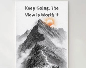 Mountain Sketch Print | Hiking Motivation, Orange Sun Wall Art
