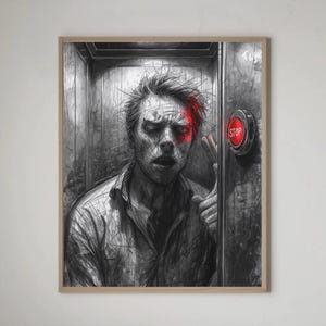 May include: A framed black and white print depicts a man in an elevator, with a red stop button. The man has a distressed expression and red eyes. The artwork is displayed in a living room setting with a sofa and decorative elements.