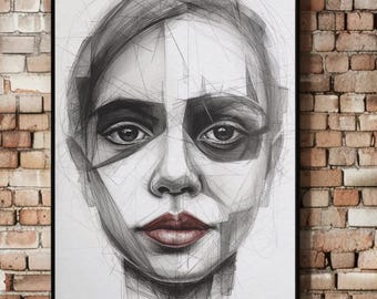 Abstract Female Face Sketch | Red Lips Wall Art