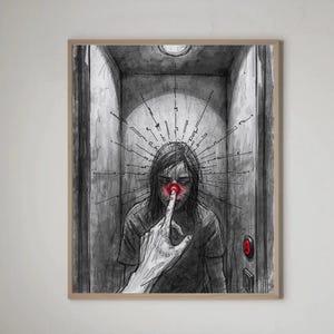 May include: Framed black and white artwork depicting a person in an elevator with a red nose and a finger to their lips. A hand is gesturing for silence. A red button is visible.