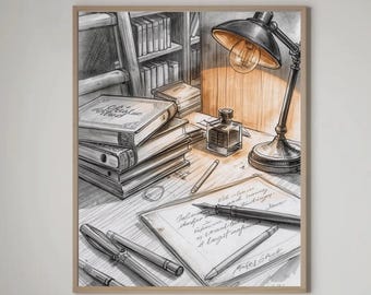 Cozy Library Desk Sketch Print, Writer Study Illustration, Books Lamp Nook Decor