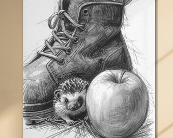 Igel und Stiefel Bleistiftskizze Druck