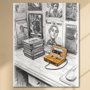 Puede incluir: Ilustración de un escritorio con una pila de cintas de cassette y un reproductor de cassette naranja. El fondo presenta una pared cubierta de carteles de películas vintage. También hay un ratón de ordenador en el escritorio.