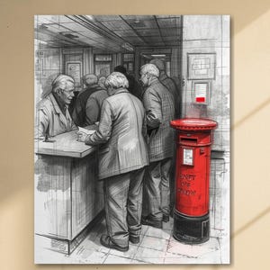 May include: A framed artwork depicts a post office scene in grayscale, with a vibrant red British postbox on the right. The artwork shows people at a counter and in line, capturing a moment in time. The postbox has the text "POST OFFICE" on it.
