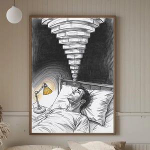 Framed insomnia art print on a bedroom wall above cream bedding and neutral décor, artwork shows a person staring upward in bed with a yellow bedside lamp and a long ceiling light tunnel
