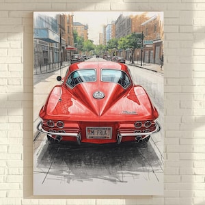 May include: A red vintage car art print. The artwork depicts the rear view of a classic red car on a city street. The license plate reads "BM FRUA". Three toy cars in orange, gray, and red are on a white cabinet.