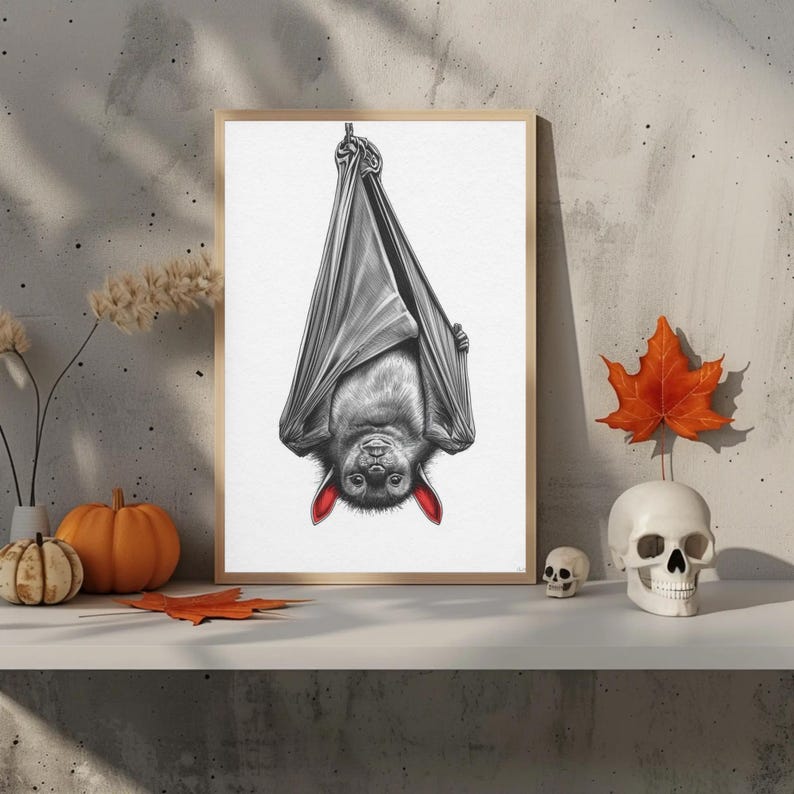 Vampire Bat Wall Art – Black and White Sketch With Crimson Ears ...