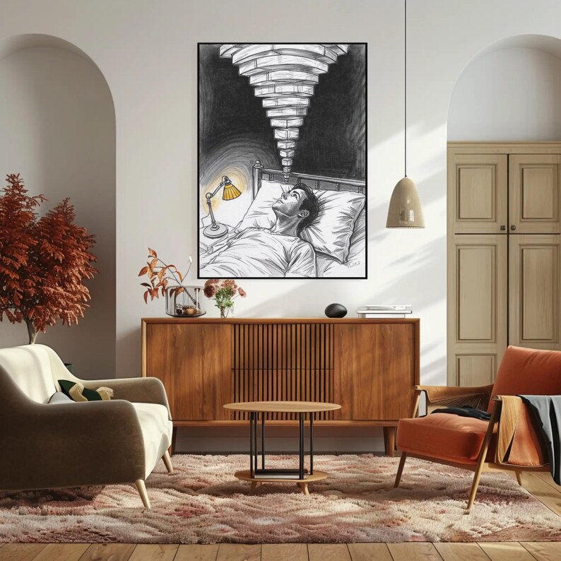 Framed insomnia and anxiety wall art in a mid century living room with archways and wooden sideboard, artwork shows a person lying awake in bed with a yellow bedside lamp and a ceiling light tunnel