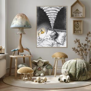 Framed mental health insomnia art print on a nursery wall in a kids playroom with mushroom décor, artwork shows a person awake in bed with a yellow bedside lamp and stacked ceiling lights
