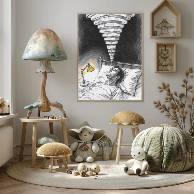 Framed mental health insomnia art print on a nursery wall in a kids playroom with mushroom décor, artwork shows a person awake in bed with a yellow bedside lamp and stacked ceiling lights