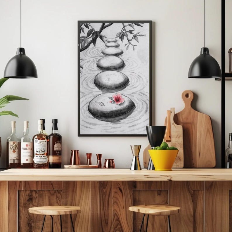 Zen Stones Sketch Print | Calm Wall Art | Minimalist Zen Décor | Pink ...