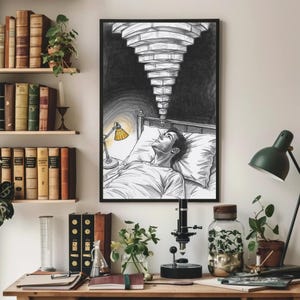 Framed anxiety and overthinking wall art above a study desk with books and a microscope, black and white sketch shows a person awake in bed with a yellow bedside lamp and repeating ceiling lights