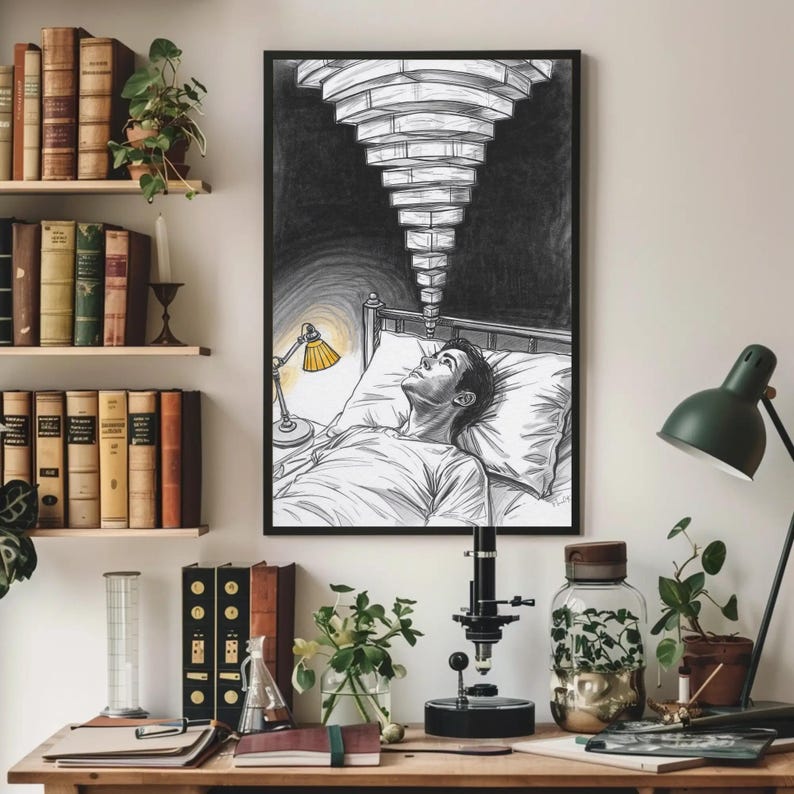 Framed anxiety and overthinking wall art above a study desk with books and a microscope, black and white sketch shows a person awake in bed with a yellow bedside lamp and repeating ceiling lights