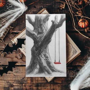 May include: A monochrome pencil drawing of a tree with a red swing. The artwork is set against a backdrop of a wooden table and Halloween decorations, including bats and cobwebs.