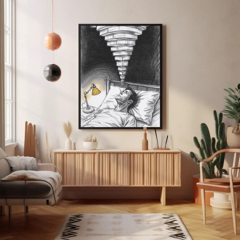 Framed mental health insomnia art above a wooden sideboard in a minimalist living room with warm lighting, sketch shows a person awake in bed with a yellow bedside lamp and repeating ceiling lights