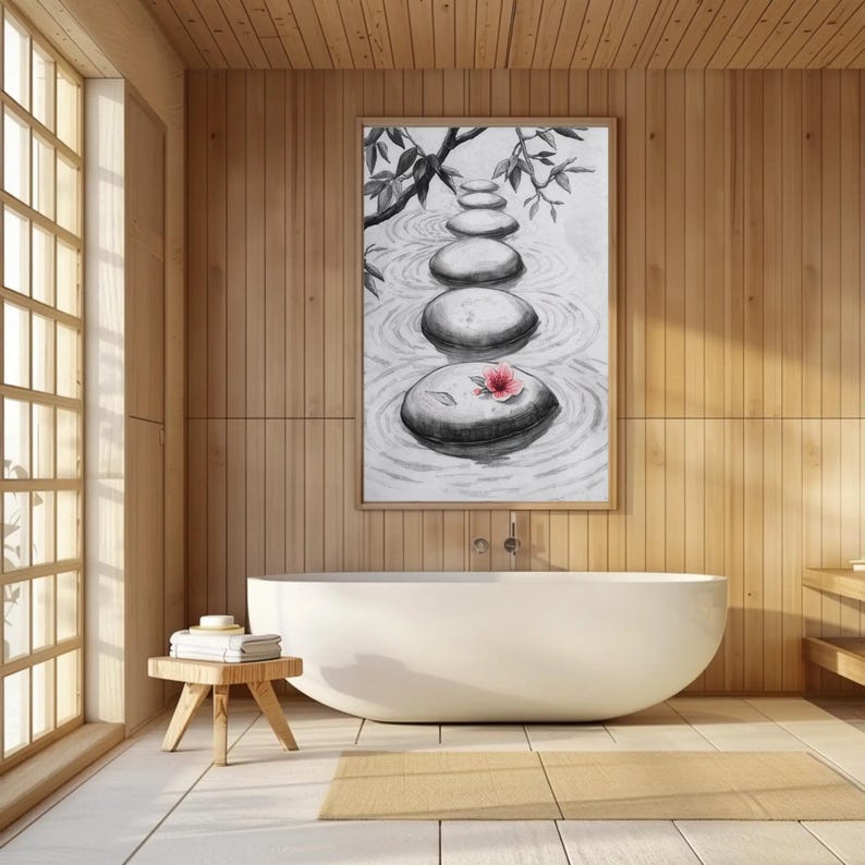 Zen Stones Sketch Print | Calm Wall Art | Minimalist Zen Décor | Pink ...