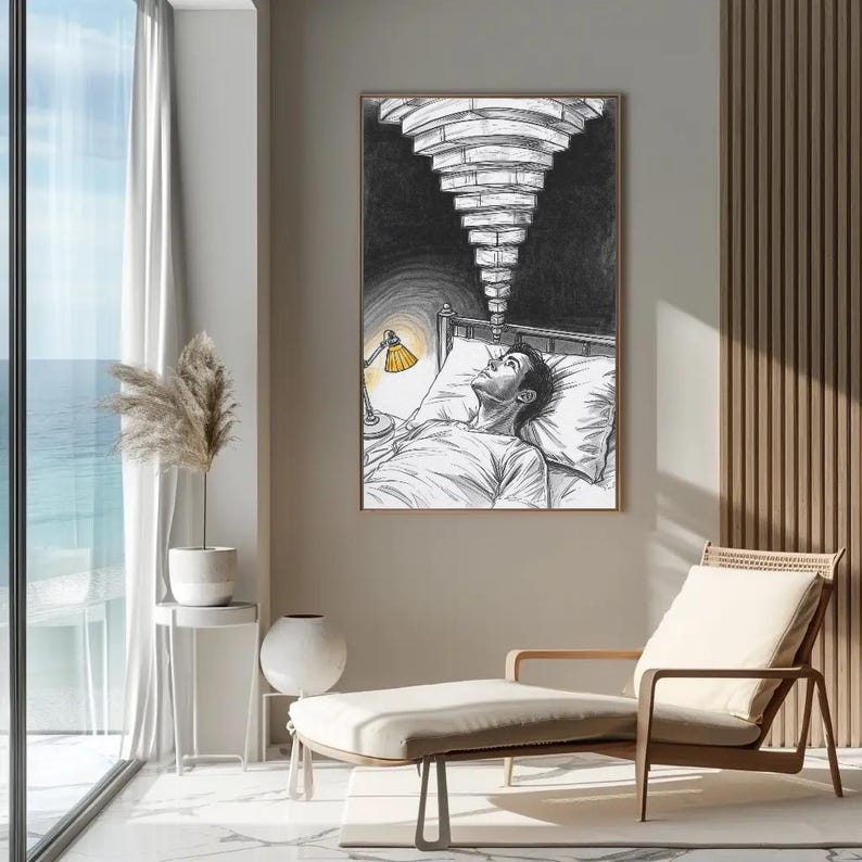 Framed mental health wall art in a modern coastal room with ocean view and chaise lounge, sketch shows a person lying awake in bed with a yellow bedside lamp