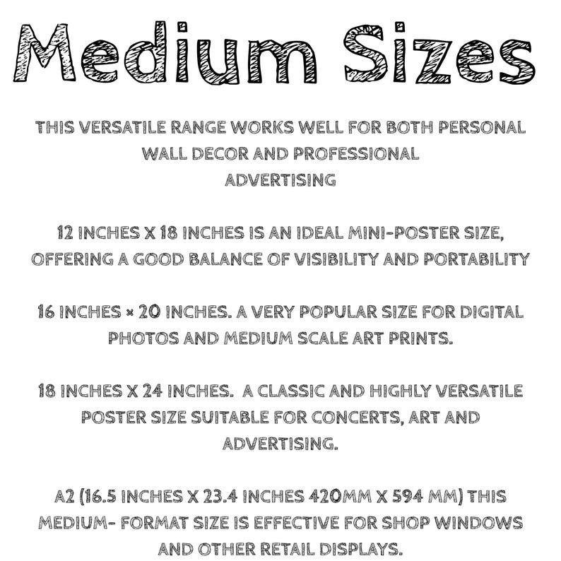 May include: Text graphic with the words "Medium Sizes" in a handwritten style. The text describes various poster sizes, including 30.5 x 45.7 cm, 40.6 x 50.8 cm, 45.7 x 61 cm, and A2 (420mm x 594 mm).