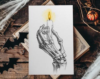 Skeleton Hand Print: Gothic Halloween Decor with Yellow Candle