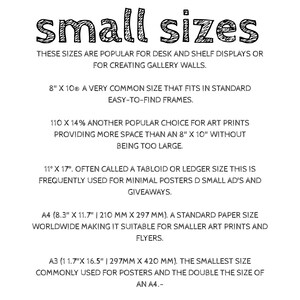 May include: A white background with the words "small sizes" in a decorative font. Text below lists common print sizes: 8" x 10", 11" x 14%, 11" x 17", A4 (210 mm x 297 mm), and A3 (297 mm x 420 mm).