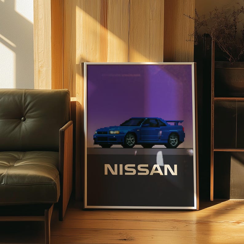Nissan Skyline GT-R R34 Pixel Art Car Poster - Car Wall Decor - Retro ...