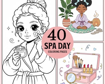 May include: A coloring book cover with the text "40 SPA DAY COLORING PAGES." The illustrations depict spa-related activities, including skincare, meditation, and makeup. The images are in a cartoon style, with a pink border.