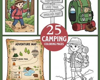 Målarbilder för camping: 25 aktivitetsblad för utomhusäventyr - Utskrivbar målarbok - Digital nedladdning