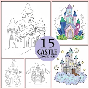 May include: A collection of 15 castle coloring pages. The pages feature various castle designs, some outlined in black and white, others colored with vibrant hues. The designs include castles with towers, flags, and decorative elements, perfect for creative coloring.