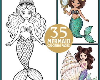 人魚の塗り絵：ファンタジーアートアクティビティシート35枚 PDFファイル（デジタルダウンロード）