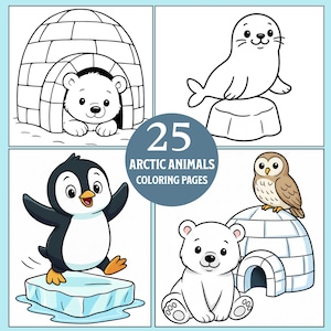 May include: A collection of 25 Arctic Animals coloring pages. The image features a polar bear in an igloo, a seal on an ice floe, a penguin on an iceberg, and an owl on an igloo. The animals are in a cartoon style.