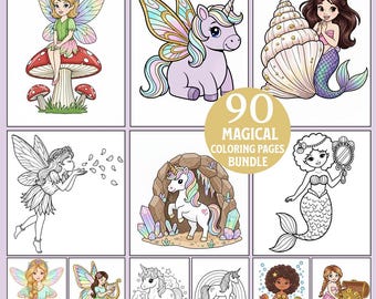 Fairies, Unicorns & Mermaids Coloring Pages: 90 Kids Printable Coloring Sheets (Digital Download)