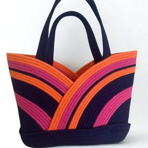 Handmade Multicolor Rope Tote | Orange Pink Navy Striped Bag | Boho Summer Beach Handbag | Colorful Statement Purse | Artisan Shoulder Tote
