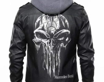 Mercedes Benz Leather Hooded Jacket, Black Racing Style Zip Up, Biker Streetwear Coat